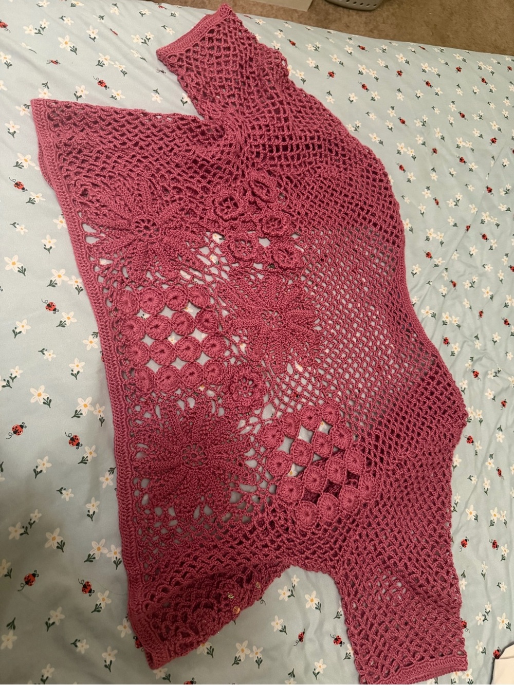 Dusty Rose Crochet Openwork Cardigan with Sequins - Picture 5 of 7